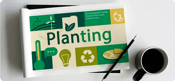 Planting brochure fanned open on a table